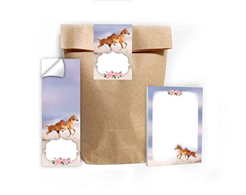 Junapack 12 Mini-Notizblöcke + 12 Geschenktüten (Natur) + 12 Aufkleber Pferd mit Fohlen Mitgebsel Gastgeschenk beim Kindergeburtstag Mädchen von Junapack