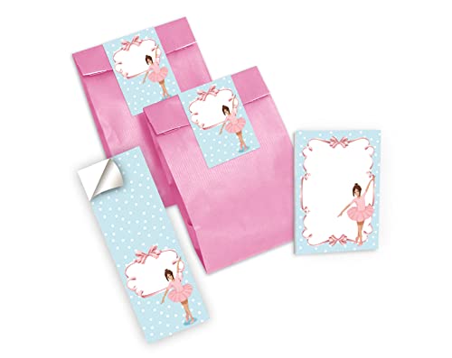 Junapack 12 Mini-Notizblöcke + 12 Geschenktüten (rosa) + 12 Aufkleber Ballerina Mitgebsel Gastgeschenk beim Kindergeburtstag Mädchen von Junapack