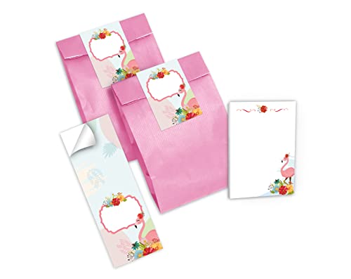 Junapack 12 Mini-Notizblöcke + 12 Geschenktüten (rosa) + 12 Aufkleber Flamingo Mitgebsel Gastgeschenk beim Kindergeburtstag Mädchen von Junapack