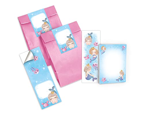 Junapack 6 Lesezeichen + 6 Mini-Notizblöcke + 6 Geschenktüten (rosa) + 6 Aufkleber Meerjungfrau Mitgebsel Gastgeschenk beim Kindergeburtstag Mädchen von Junapack