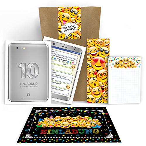 10 Einladungskarten zum 10. Kindergeburtstag Mädchen Jungen Tablet/Einladungen zum zehnten Geburtstag incl. 10 Umschläge, 10 Tüten/Natur, 10 Aufkleber, 10 Lesezeichen, 10 Blöcke von Junaversum