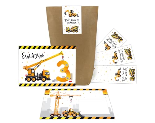 10 Einladungskarten zum 3. dritten Kindergeburtstag Jungen Baustelle Bagger incl. 10 Umschläge, 10 Tüten, 10 Aufkleber 10 Einladungskarten zum 3. dritten Kindergeburtstag Jungen Baustelle Bagger incl. 10 Umschläge, 10 Tüten, 10 Aufkleber von Junaversum
