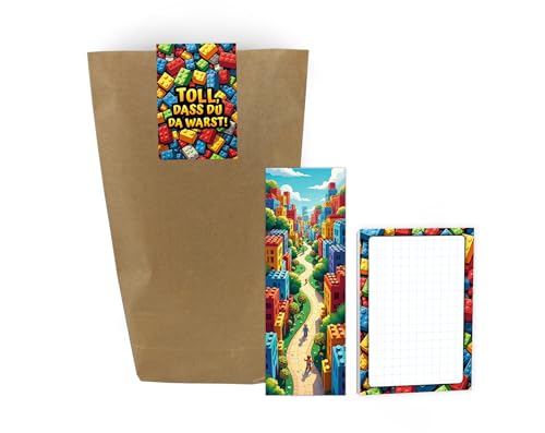 10 Lesezeichen + 10 Notizblöcke + 10 Geschenktüten + 10 Aufkleber Bausteine Mitgebsel Kindergeburtstag Jungen Mädchen Gastgeschenke Giveaways für Jungsgeburtstag Mädchengeburtstag von Junaversum