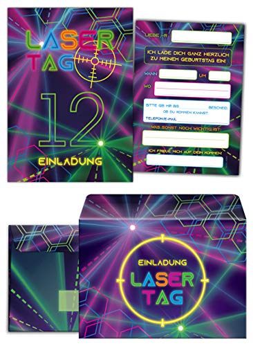 12 Einladungskarten incl. 12 Umschläge zum 12. Geburtstag zwölfte Kindergeburtstag Lasertag Party Mädchen Jungen / Laser Tag von Junaversum