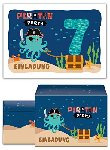 12 Einladungskarten incl. 12 Umschläge zum 7. Kindergeburtstag Jungen Mädchen Pirat Piraten-Party von Junaversum