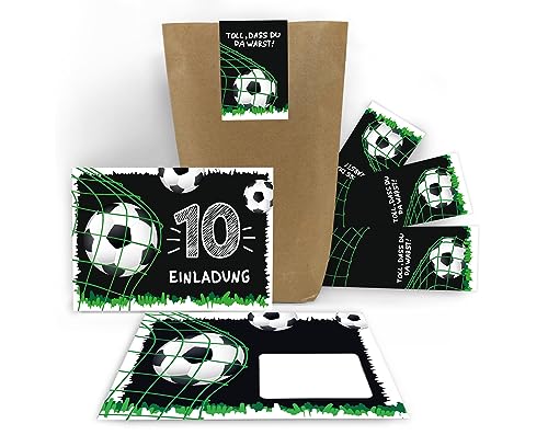 12 Einladungskarten zum 10. Kindergeburtstag zehnte Geburtstag Jungen Fussball Fußball incl. 12 Umschläge, 12 Tüten, 12 Aufkleber von Junaversum
