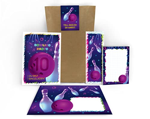 12 Einladungskarten zum 10. Kindergeburtstag zehnte Geburtstag Mädchen Jungen Bowling Bowling-Party incl. 12 Umschläge, 12 Tüten, 12 Aufkleber, 12 Lesezeichen, 12 Blöcke von Junaversum