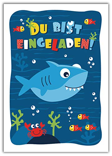 12 Einladungskarten zum Kindergeburtstag Jungen Jungs Mädchen Hai Einladungen zum Geburtstag Kinder von Junaversum