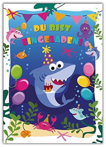 12 Einladungskarten zum Kindergeburtstag Mädchen Jungen Hai von Junaversum