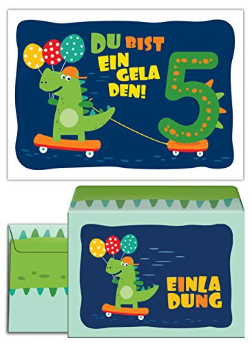 6 Einladungskarten incl. 6 Umschläge zum 5. Kindergeburtstag Jungen Jungs Mädchen Dinosaurier Einladungen fünfte Geburtstag von Junaversum