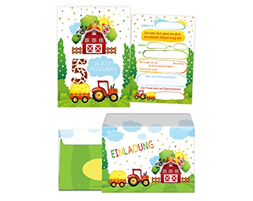 8 Einladungskarten incl. 8 Umschläge zum 5. Kindergeburtstag fünfte Geburtstag Mädchen Jungen Bauernhof Outdoor-Party von Junaversum