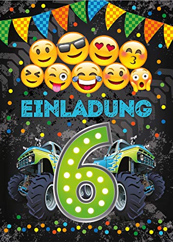 Junaversum 10 Einladungskarten zum 6. Geburtstag Kinder sechste Kindergeburtstag Auto Monster-Truck grün von Junaversum