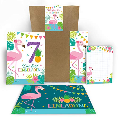 Junaversum 10 Einladungskarten zum 7. Geburtstag siebte Kindergeburtstag Mädchen Flamingo incl. 10 Umschläge, 10 Tüten, 10 Aufkleber, 10 Notizblöcke, 10 Lesezeichen von Junaversum