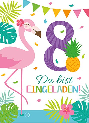 Junaversum 10 Einladungskarten zum 8. Geburtstag Kinder achte Kindergeburtstag Mädchen Flamingo von Junaversum