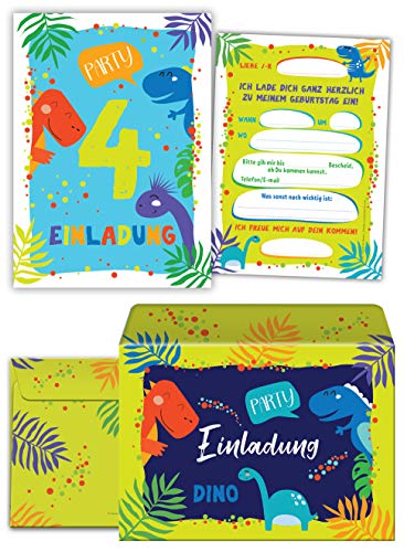 Junaversum 12 Einladungskarten incl. 12 Umschläge zum 4. Kindergeburtstag Jungen Dinosaurier Einladungen vierte Geburtstag von Junaversum