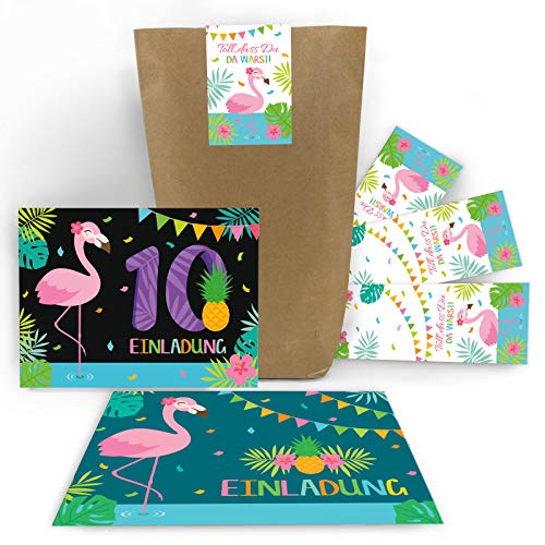 Junaversum 12 Einladungskarten zum 10. Geburtstag Kinder zehnte Kindergeburtstag Mädchen Flamingo incl. 12 Umschläge, 12 Tüten, 12 Aufkleber von Junaversum