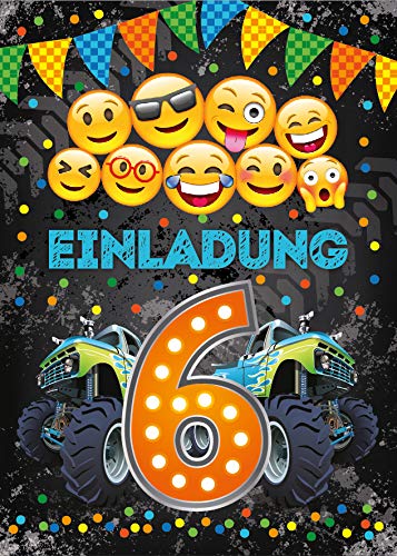 Junaversum 12 Einladungskarten zum 6. Geburtstag Kinder sechste Kindergeburtstag Auto Monster-Truck orange von Junaversum