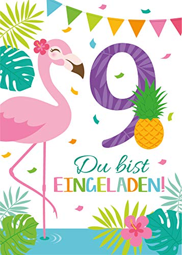 Junaversum 12 Einladungskarten zum 9. Geburtstag Kinder neunte Kindergeburtstag Mädchen Flamingo von Junaversum