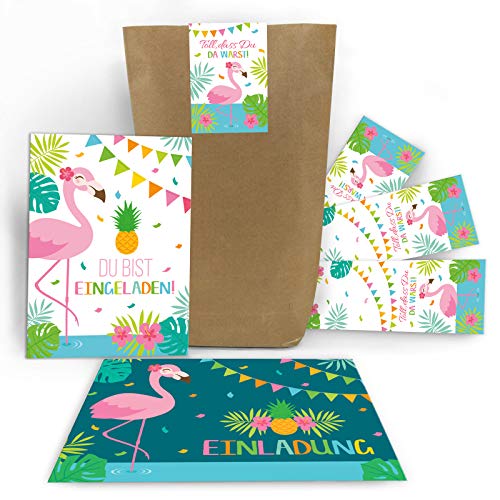 Junaversum 12 Einladungskarten zum Kindergeburtstag Mädchen Flamingo Einladungen Geburtstag Kinder Mädchengeburtstag incl. 12 Umschläge, 12 Tüten, 12 Aufkleber von Junaversum