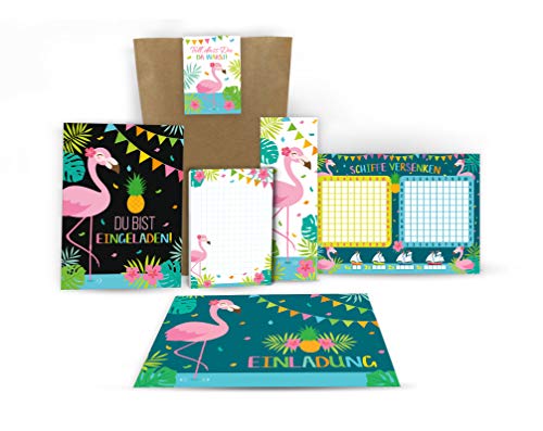 Junaversum 12 Einladungskarten zum Kindergeburtstag Mädchen Flamingo Einladungen Geburtstag Kinder incl. 12 Umschläge, 12 Tüten, 12 Aufkleber, 12 Lesezeichen, 12 Blöcke, 12 Schiffe versenken von Junaversum