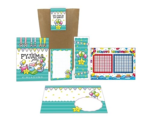 Junaversum 12 Einladungskarten zum Kindergeburtstag Pyjama-Party Übernachtungsparty Lesenacht-Party incl. 12 Umschläge, 12 Tüten, 12 Aufkleber, 12 Lesezeichen, 12 Blöcke, 12 Schiffe versenken Junaversum 12 Einladungskarten zum Kindergeburtstag Pyjama-Party Übernachtungsparty Lesenacht-Party incl. 12 Umschläge, 12 Tüten, 12 Aufkleber, 12 Lesezeichen, 12 Blöcke, 12 Schiffe versenken von Junaversum