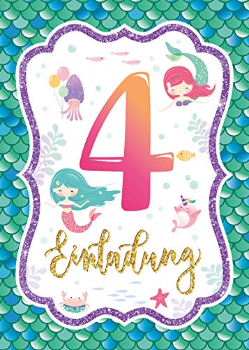 Junaversum 6 Einladungskarten zum 4. Kindergeburtstag Mädchen Meerjungfrau Einladungen vierte Geburtstag von Junaversum