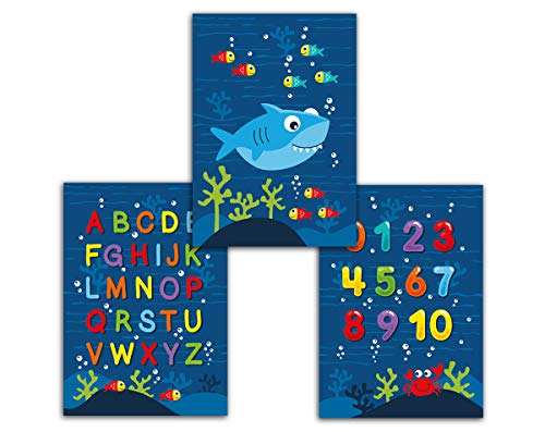 Poster für Kinderzimmer Plakat Hai Zahlen Buchstaben ABC Mädchen Jungen Deko für Babyzimmer Wandbilder A4 Tiere (3-er Set) von Junaversum