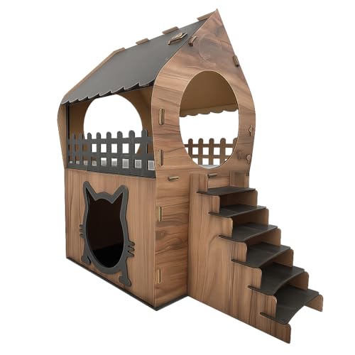 Zweistöckiges MDF Katzenhaus – Braun & Dunkelbraun – Werkzeugloser Aufbau – Größen XL, XXL, 3XL (Braun & Dunkelbraun, XL) von Jungengel