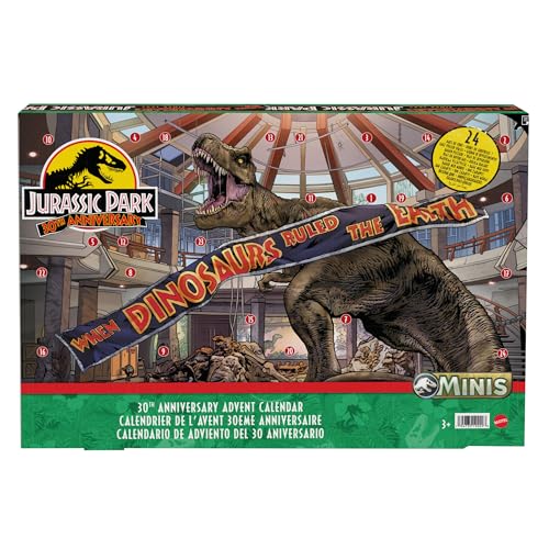JURASSIC WORLD 30. Jubiläum Adventskalender - 24 Türchen mit Mini-Dinosauriern, Menschenfiguren und Teilen für einen aufregenden Spielbereich, für Kinder ab 4 Jahren, HTK45 von Jurassic World