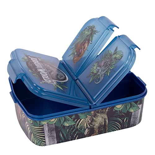 Jurassic World - Brotdose für Kinder mit Dinosaurier-Motiven, Lunch-Box aus Kunststoff mit 3 Fächern und Clip-Verschlüssen, ideal für das Pausenbrot in der Schule von p:os