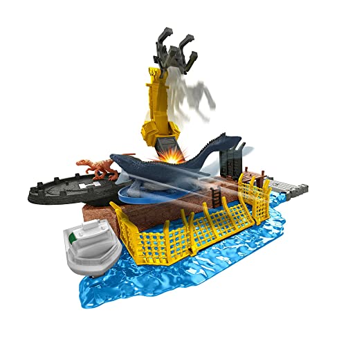 Jurassic World HFF11 - Dominion Minis Mosasaurus Mayhem Spielset mit 2 Mini-Dinosaurier-Figuren, mehreren Spielbereichen, Abschussvorrichtungen & zerlegbaren Zerstörungsteilen, Spielzeug ab 4 Jahren von Jurassic World