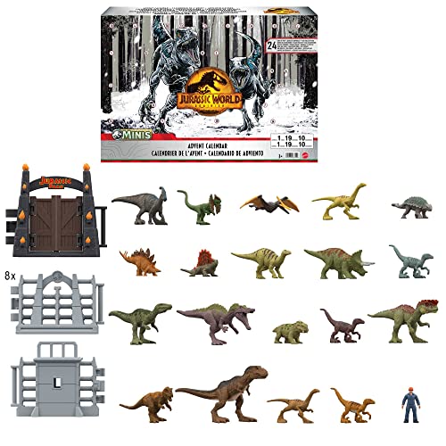 Jurassic World Adventskalender für Kinder mit Überraschungen für 24 Tage, enthält diverse Dinosaurier Figuren und Kampf Arena, Spielzeug ab 3 Jahre, HHW24 von Jurassic World