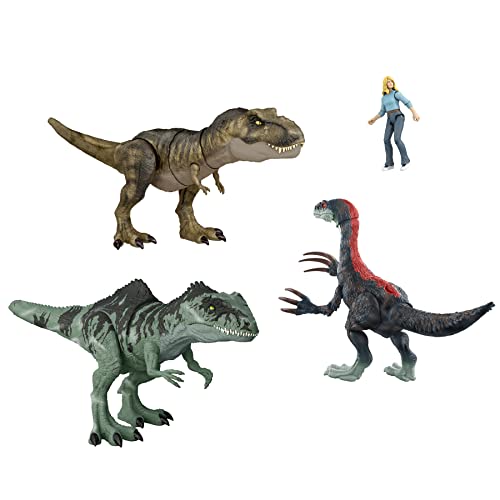 Jurassic World HJK02 -: Ein neues Zeitalter Episches Schlacht-Pack, 3 authentische Dinosaurierfiguren & 1 Menschenfigur, physischer und digitaler Spielspaß für Kinder ab 4 Jahren von Jurassic World