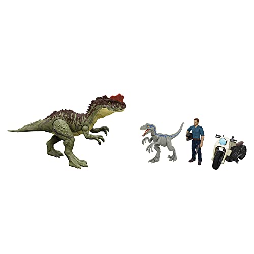 Jurassic World HLP79 - Dominion 3er Pack Figuren & Dinosaurier, Owen Grady Motorrad Yangchuanosaurus & Blue, Helm & Tranquilizer, Dinosaurier Spielzeug für Kinder ab 4 Jahren von Jurassic World