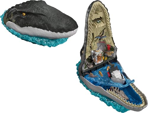 Mattel Jurassic World Rebirth Deluxe-Mosasaurus-Spielset mit 7 interaktiven Funktionen, 7 Soundeffekten und 6 Mikrofiguren, zusammenklappbar zum Tragen und Aufbewahren von Jurassic World