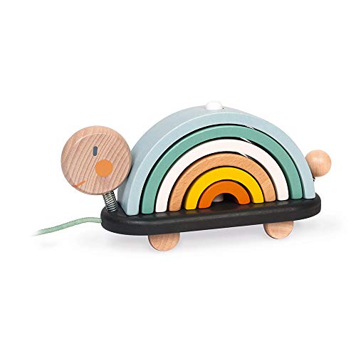 Janod - Sweet Cocoon Nachziehtier Schildkröte “Regenbogen” - Lernspielzeug aus Holz - 6 Stapelbare Holzbögen - Holzspielzeug mit Farben auf Wasserbasis - Nachziehspielzeug - Ab 18 Monaten, J04405 von Janod