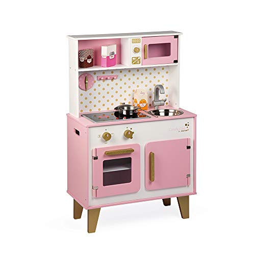 Janod - Candy Chic Big Wooden Cooker for Children - Equipped with Fridge and Microwave, Sound and Light - Pretend Play - 6 Accessories Included - For children from the Age of 3, J06554, Pink and White von Janod