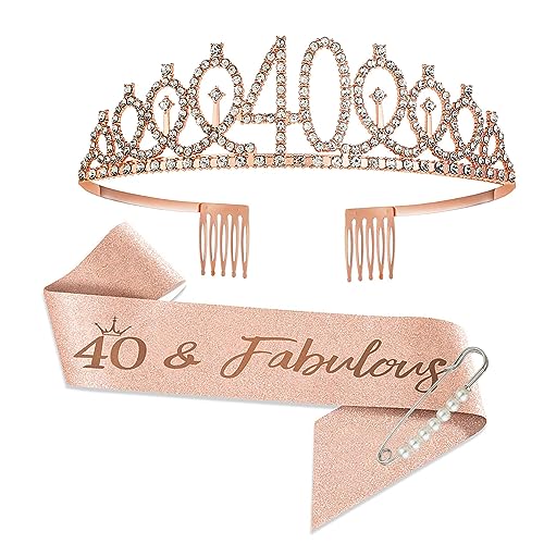 JurciCat 40 Geburtstag Frauen Deko Schärpe und Tiara Rose Gold Krone Geschenke 40. Geburtstag Frau für Birthday Party Decoration von JurciCat