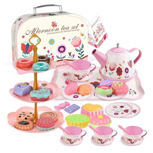 JurciCat 46 Pcs Teeservice Kinder Teeservice Spielküche Zubehör Tragekoffer mit Dessert-Spielzeug Mit TassenTellern Und ZubehörTeiliges Teeparty Für Geschenk Mädchen Spielzeug 3-9 Jahre von JurciCat