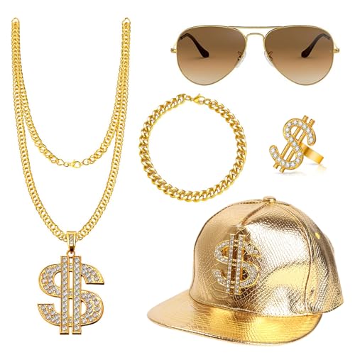 JurciCat 80er 90er Jahre outfit herren karneval zubehör Zuhälter kostüm Hip Hop Cap Goldene Dollar Kette Ring sonnenbrille 5 teiliges set von JurciCat