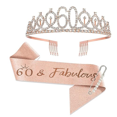 JurciCat Deko 60 Geburtstag Frau 60.ter Geburtstag Frau Schärpe und Tiara Rose Gold Krone 60. Geburtstag Frau Geschenke für Birthday Decorations von JurciCat