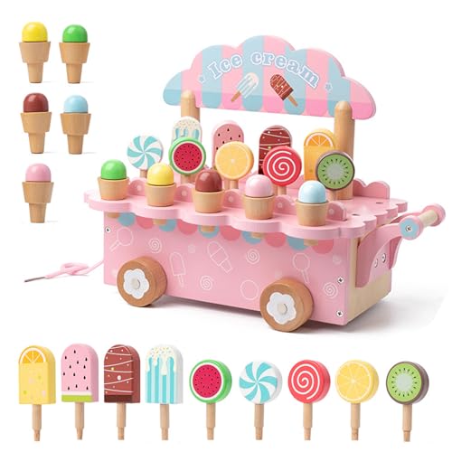 JurciCat Eisdiele Kinder Holz Rollenspiel Küchenzubehör Mit Aufbewahrung EIS Holz Spielzeug Für Kinder ab 3 Jahren Lernen Spielzeug Weihnachts Party Geburtstagsgeschenke (Rosa) von JurciCat