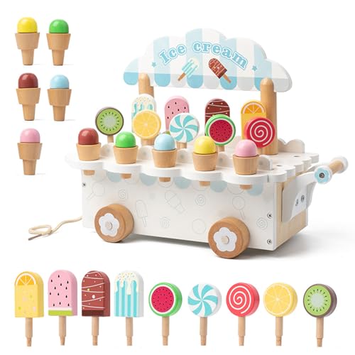 JurciCat Eisdiele Kinder Holz Rollenspiel Küchenzubehör Mit Aufbewahrung EIS Holz Spielzeug Für Kinder ab 3 Jahren Lernen Spielzeug Weihnachts Party Geburtstagsgeschenke (weiß von JurciCat