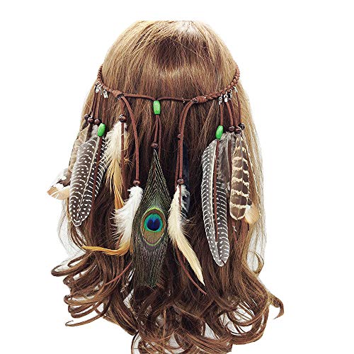 Jurxy Böhmische Pfau Feder Kopfschmuck Stirnband Damen Hippie Boho Indianer Stirnbänder Zigeuner Headwear Weben Frau Mädchen Lieblings Haarschmuck – Braun- Stil 3 von Jurxy