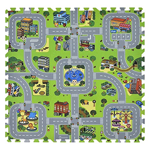 Juskys Kinder Puzzlematte Jascha 9 Teile — Stadt & Straßen - rutschfest & abwischbar - 1 cm dick — Spielmatte ab 10 Monate — Baby Puzzle Spielteppich von Juskys