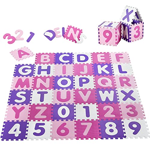 Juskys Kinder Puzzlematte Juna 36 Teile mit Buchstaben A-Z & Zahlen 0-9 - rutschfest — rosa für Mädchen - Puzzle ab 10 Monate - Spielmatte von Juskys