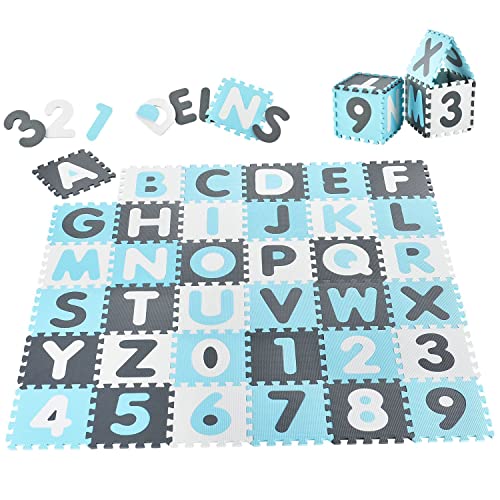 Juskys Kinder Puzzlematte Noah 36 Teile mit Buchstaben A-Z & Zahlen 0-9 - rutschfest — blau für Jungen - Puzzle ab 10 Monate - Spielmatte von Juskys