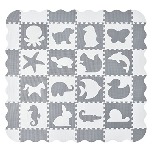 Juskys Kinder Puzzlematte Timon 36 Teile mit 16 Tieren in grau weiß - rutschfest & abwischbar Puzzle ab 10 Monate - Eva Schaumstoff - Spielmatte von Juskys