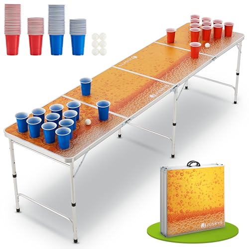 Juskys Partyspiel Tisch klappbar - Wurfspiel Set inkl. 100 Becher (50 Rot & 50 Blau) & 6 Bälle - Alu Gestell, bis 50 kg belastbar - Gelb, Orange von Juskys