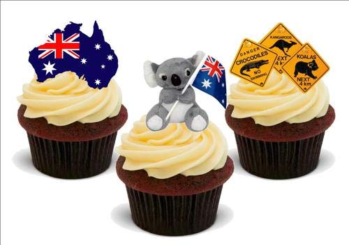 Australischer Trio Mix - 12 essbare hochwertige stehende Waffeln Karte Kuchen Toppers Dekorationen, Australian trio mix - 12 Edible Stand Up Premium Wafer Card Cake Toppers Decorations von Just Party Supplies